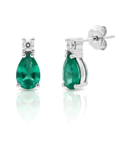 Pendientes LAGRIMA Oro ley 18K blanco con diamantes y esmeraldas                                    